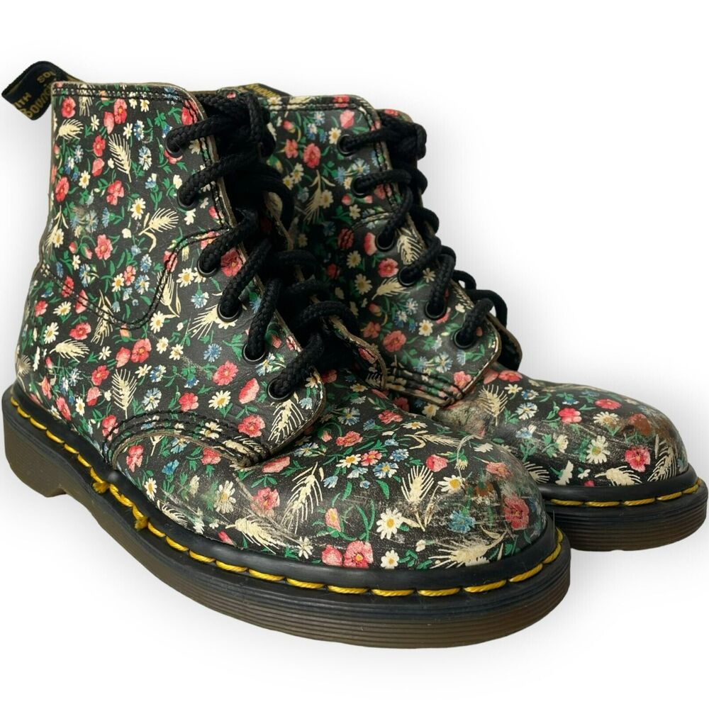 Dr. Martens Floral Made in England Leather Boots US 6 UK 4 Eye 90's Wheat Black - Picture 2 of 15